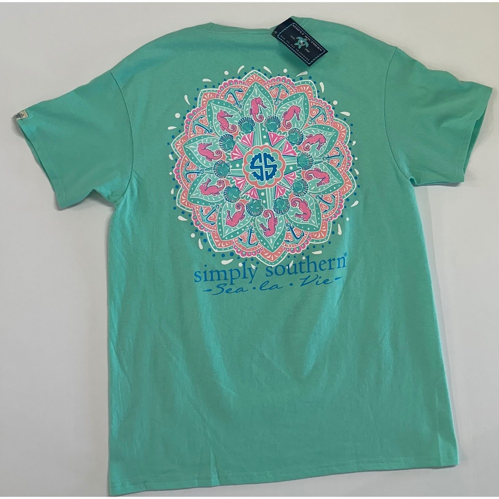 Simply Southern Sea La Vie Mandala T-Shirt Mint Green Seahorse Graphic Medium